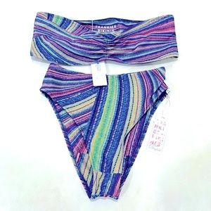 NWT FRANKIES shimmy (LorXS choice top S bot) purple blue high leg bandeau